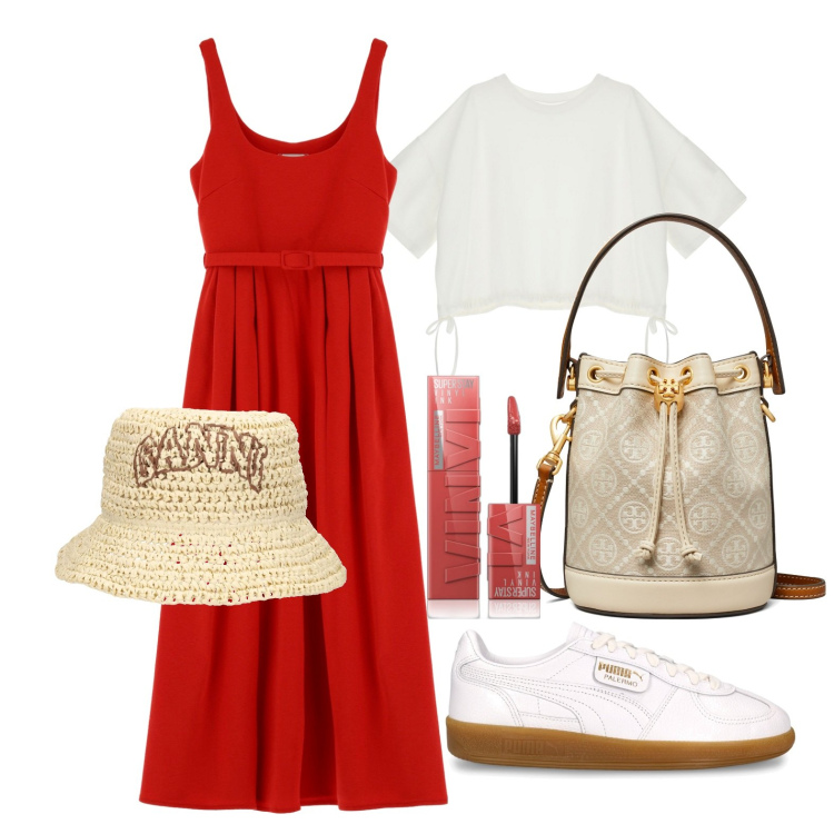 Outfit donna - Ghost outfitter - aprile. Stile Trendy per Tutti i giorni. Abbinamento con rossetti, t-shirt, vestiti, sneakers, borse a mano, cappelli.