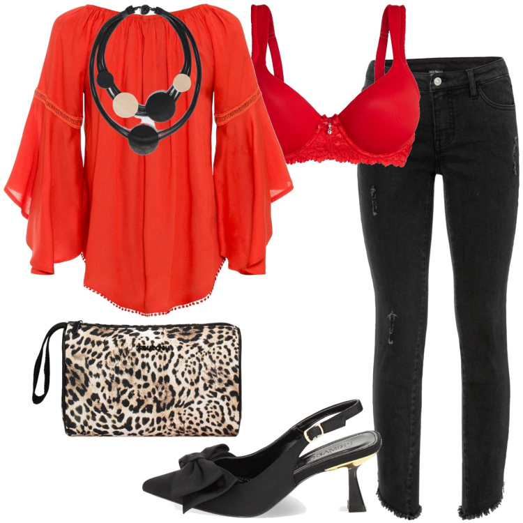 Outfit donna - Blusa tonalità mandarino. Stile Casual per Tutti i giorni. Abbinamento con jeans skinny, bluse, reggiseni, décolleté, valigie, collane.
