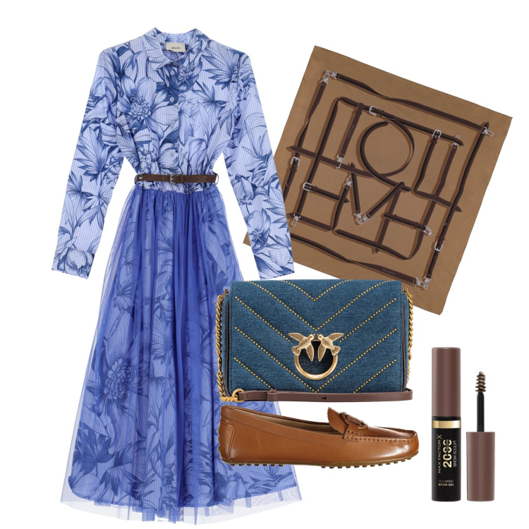Outfit donna - Ghost outfitter - aprile. Stile Trendy per Tutti i giorni. Abbinamento con mascara, borse a tracolla, vestiti midi/longuette, foulard, mocassini.