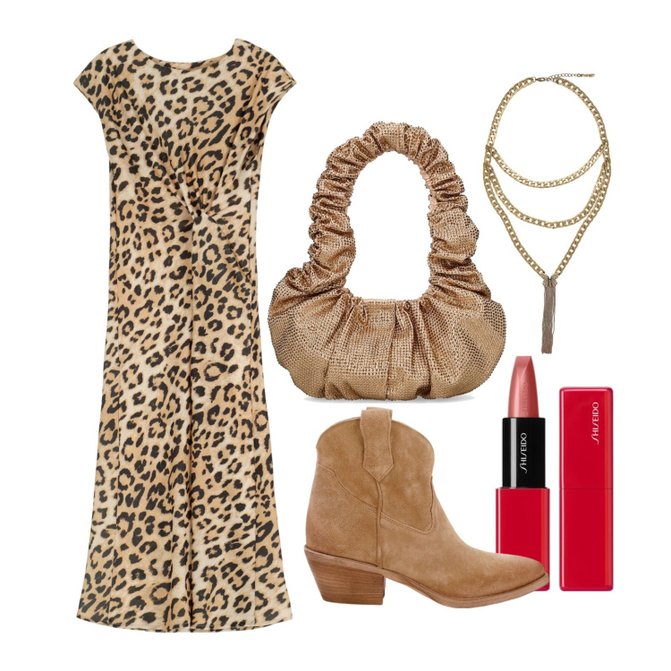 Outfit donna - Ghost outfitter - aprile. Stile Trendy per Tutti i giorni. Abbinamento con collane, rossetti, vestiti midi/longuette, stivaletti texani, borse a spalla.