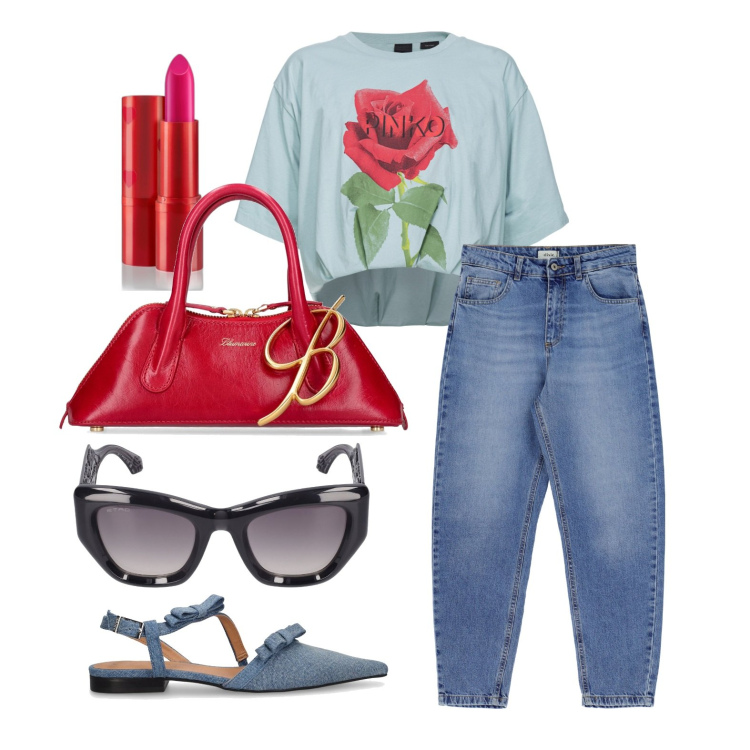 Outfit donna - Ghost outfitter - aprile. Stile Casual chic per Tutti i giorni. Abbinamento con rossetti, t-shirt, jeans, ballerine, occhiali da sole, borse a mano.