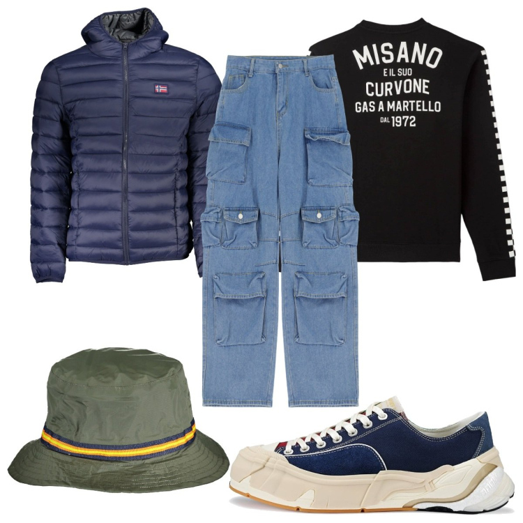 Outfit uomo - Total look #1850509. Stile Trendy per Tutti i giorni. Abbinamento con felpe, jeans, sneakers, cappelli, giacche.