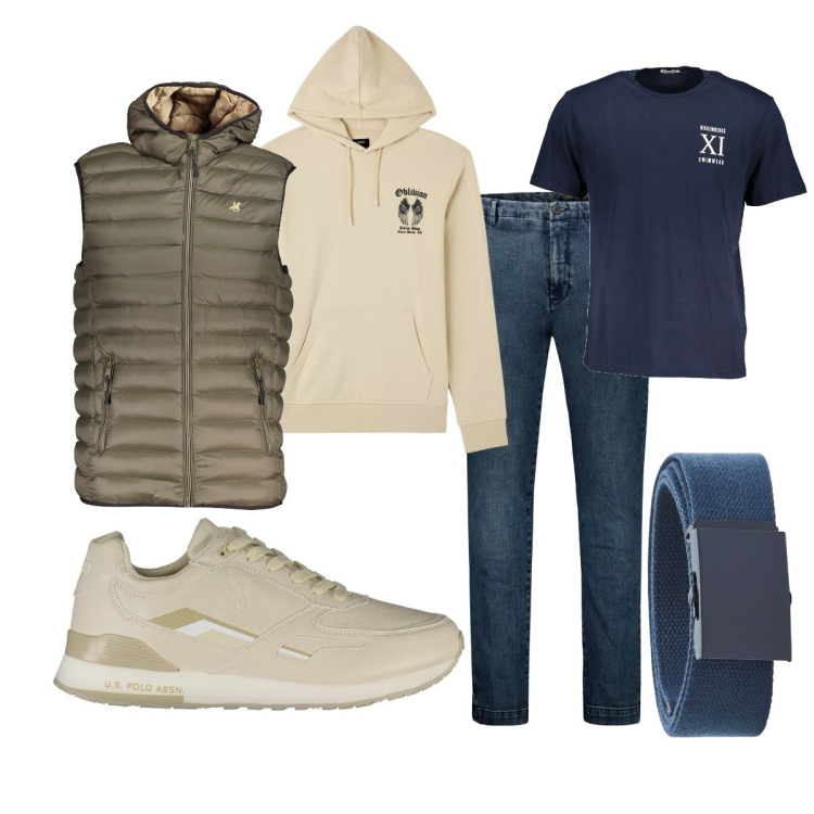 Outfit uomo - Total look primaverile. Stile Casual per Tutti i giorni. Abbinamento con felpe con cappuccio, cinture, giacche, t-shirt, jeans, scarpe sportive.