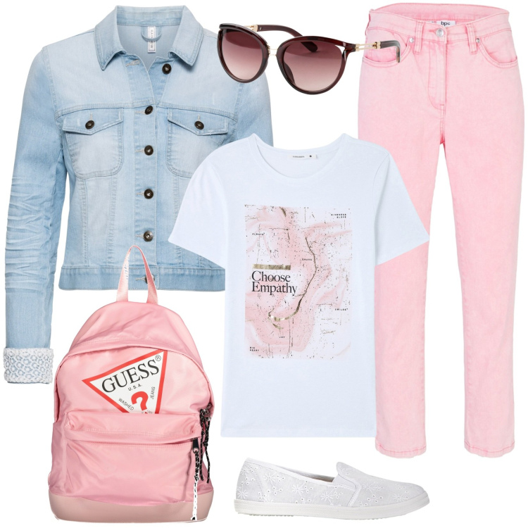 Outfit donna - Basic. Stile Basic per Tutti i giorni. Abbinamento con pantaloni, ballerine, occhiali da sole, blazer, t-shirt, zaini.