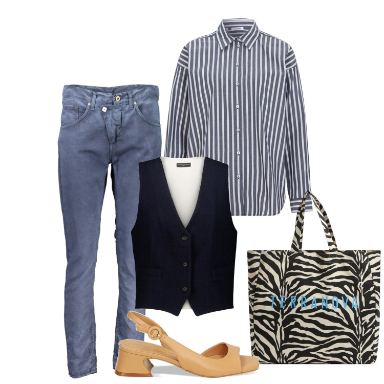 Outfit donna - Zebrata. Stile Casual chic per Tutti i giorni. Abbinamento con camicie, borse tote, sandali col tacco, gilet, pantaloni.