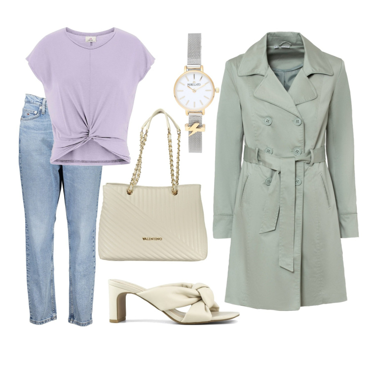 Outfit donna - Aesthetic vibes. Stile Casual chic per Tutti i giorni. Abbinamento con trench, orologi, t-shirt, sandali col tacco, borse a spalla, jeans mom.