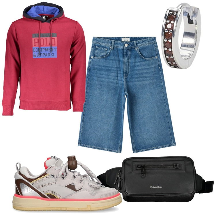 Outfit uomo - Aprile urban. Stile Urban per Tutti i giorni. Abbinamento con pantaloni corti, orecchini, sneakers, felpe con cappuccio, borse sportive.