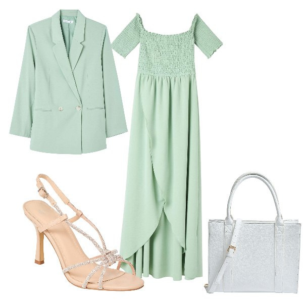 Outfit donna - Total look #1850573. Stile Chic per Cerimonia. Abbinamento con vestiti lunghi, sandali col tacco, blazer, shopping bag.