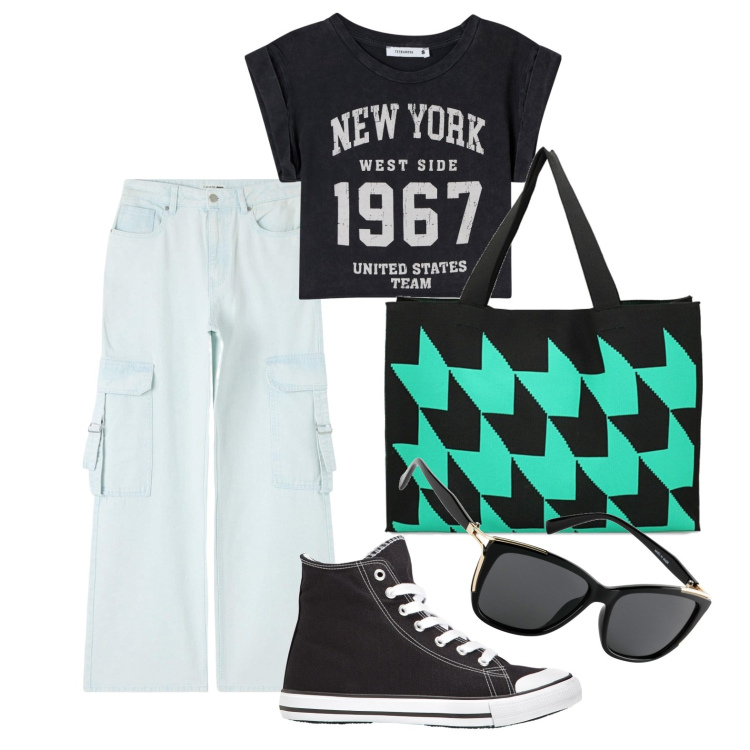 Outfit donna - Ghost outfitter - aprile. Stile Casual per Tutti i giorni. Abbinamento con sneakers alte, occhiali da sole, t-shirt, jeans, borse a spalla.