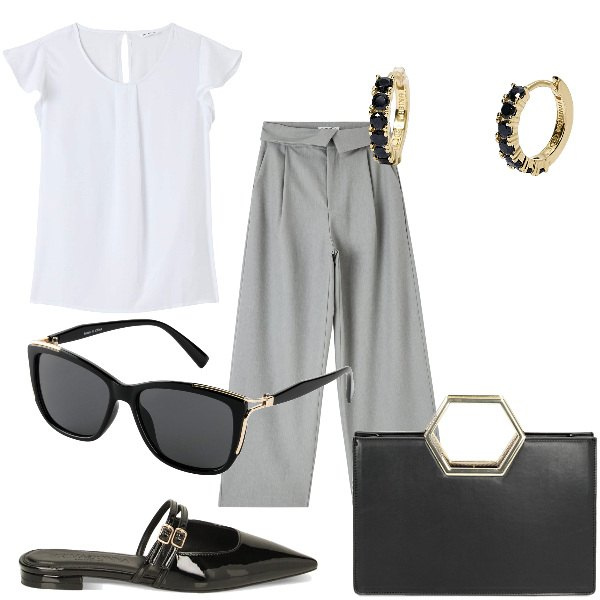 Outfit donna - Total look #1850588. Stile Chic per Ufficio. Abbinamento con occhiali da sole, bluse, pantaloni, orecchini, sabot, borse a mano.