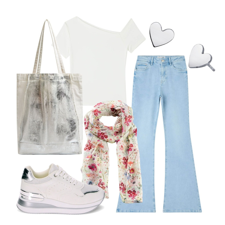 Outfit donna - Ghost outfitter - aprile. Stile Basic per Tutti i giorni. Abbinamento con foulard, t-shirt, shopping bag, jeans a zampa, orecchini, sneakers.
