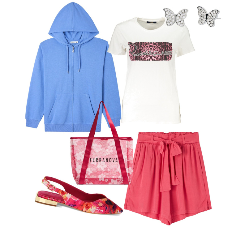 Outfit donna - Passeggiata di primavera. Stile Casual chic per Tutti i giorni. Abbinamento con shorts, felpe con cappuccio, shopping bag, orecchini, ballerine, t-shirt.
