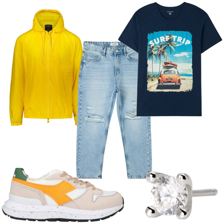 Outfit uomo - Total look #1850602. Stile Trendy per Tutti i giorni. Abbinamento con sneakers, jeans strappati, t-shirt, orecchini, giacche.