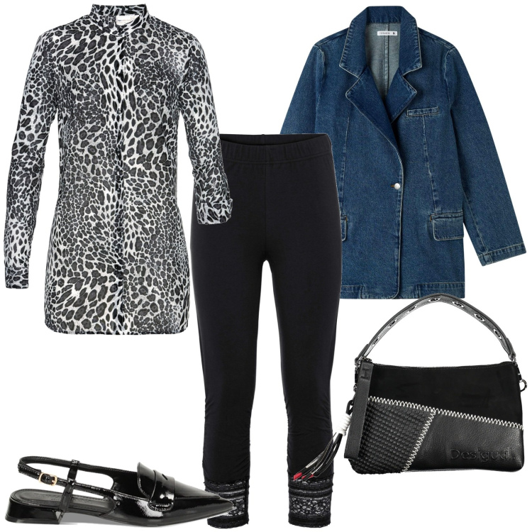Outfit donna - Anima selvaggia. Stile Urban per Tutti i giorni. Abbinamento con camicie, leggings, blazer, ballerine, borse a spalla.
