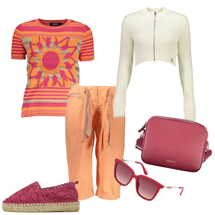 Outfit donna - Tempo libero. Stile Casual per Tutti i giorni. Abbinamento con espadrillas, maglieria, borse a tracolla, bermuda, cardigans, occhiali da sole.