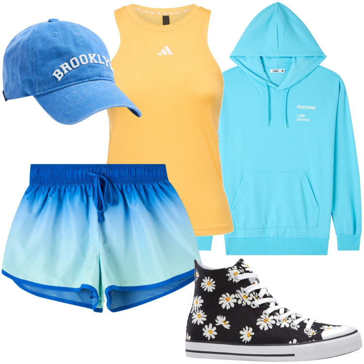 Outfit donna - Toni vivaci. Stile Basic per Sport. Abbinamento con sneakers alte, cappelli, shorts, felpe con cappuccio, canottiere.
