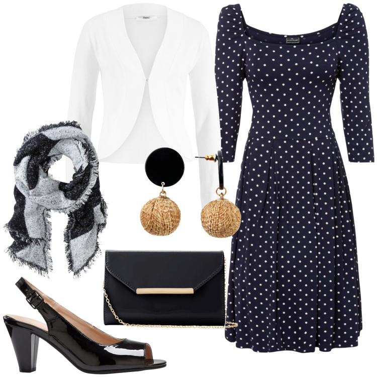 Outfit donna - Cerimonia. Stile Chic per Cerimonia. Abbinamento con sciarpe, orecchini, vestiti, blazer, décolleté, pochette.
