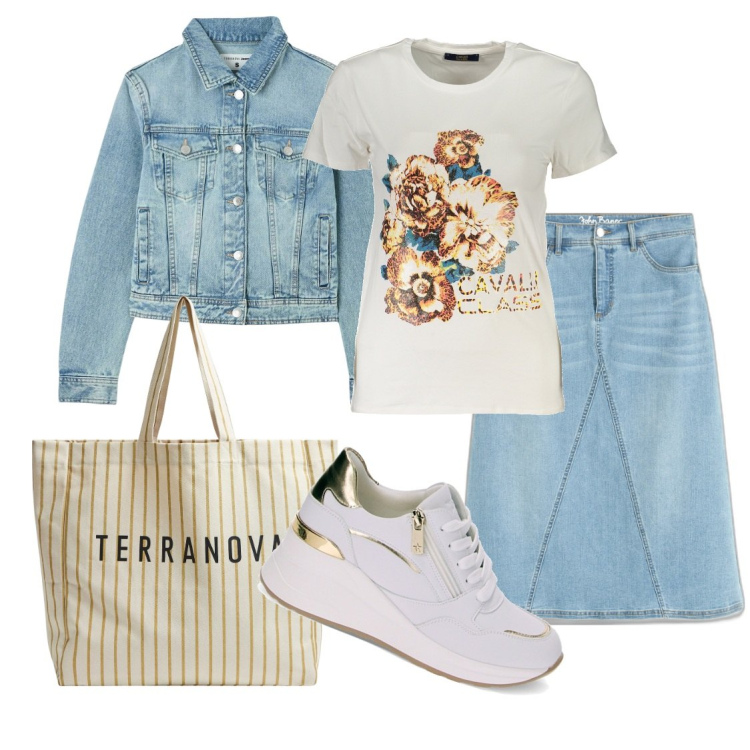 Outfit donna - Andare a lavoro a piedi. Stile Casual per Ufficio. Abbinamento con gonne, blazer, borse tote, sneakers, t-shirt.