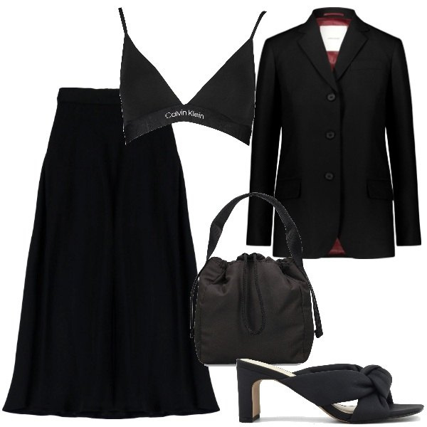 Outfit donna - Blazer nero e reggiseno a vista. Stile Trendy per Serata fuori. Abbinamento con gonne longuette, blazer, sandali col tacco, borse a mano, reggiseni.