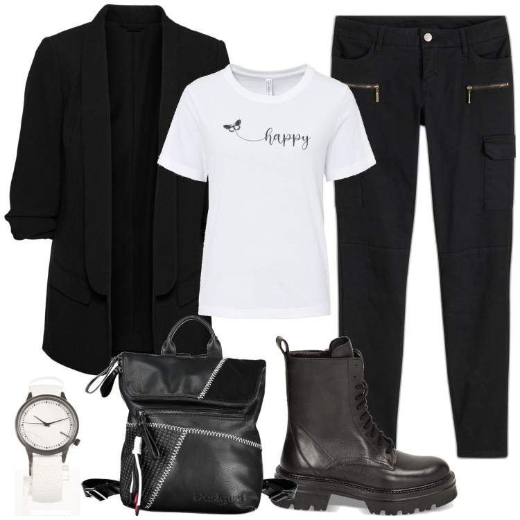 Outfit donna - Bianco e nero. Stile Basic per Tutti i giorni. Abbinamento con t-shirt, pantaloni cargo, blazer, orologi, anfibi, zaini.