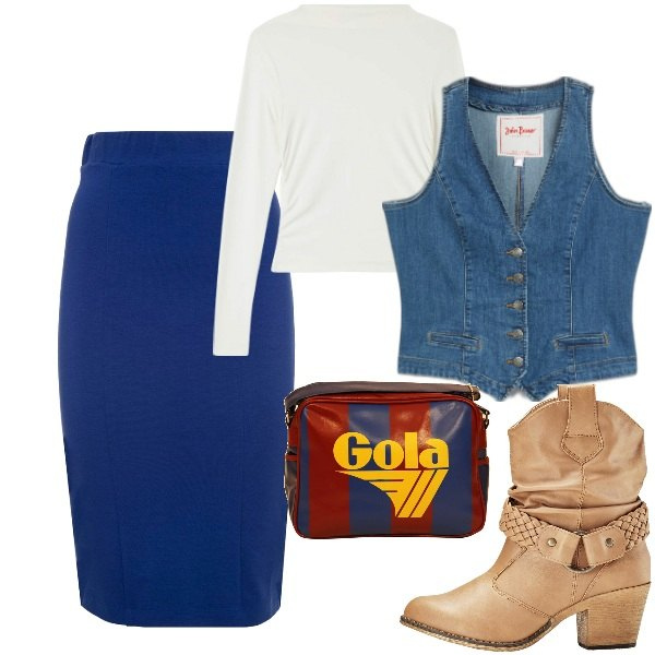 Outfit donna - Gilet in deni, m. Stile Trendy per Tutti i giorni. Abbinamento con gilet, stivaletti texani, t-shirt, borse a spalla, gonne.