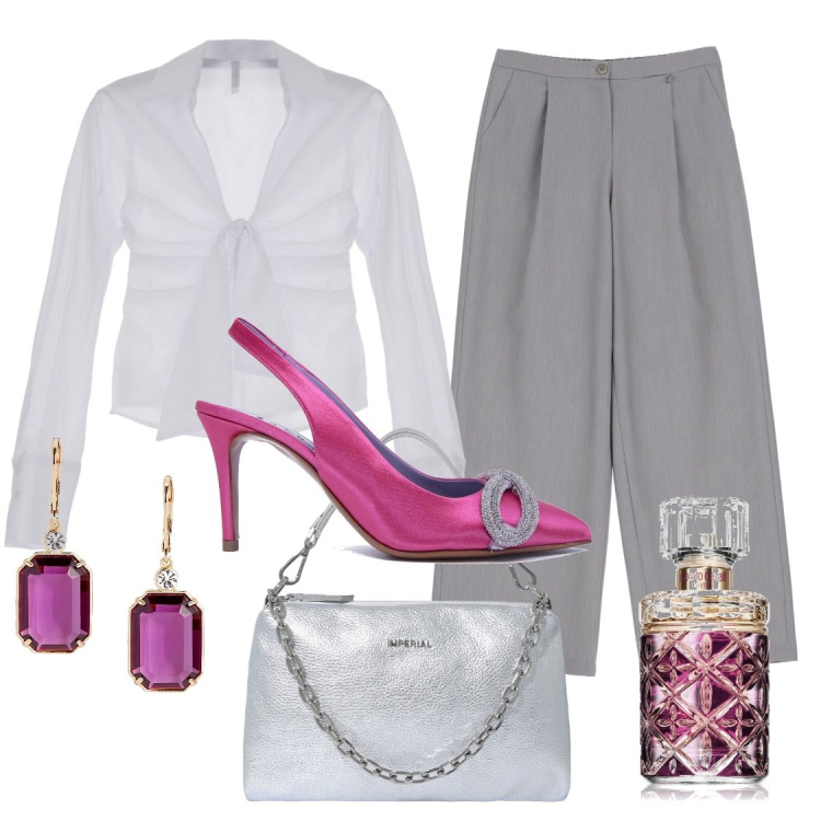 Outfit donna - La scarpa che brilla. Stile Chic per Serata fuori. Abbinamento con profumi, pochette, camicie, orecchini, pantaloni a palazzo, scarpe col tacco.