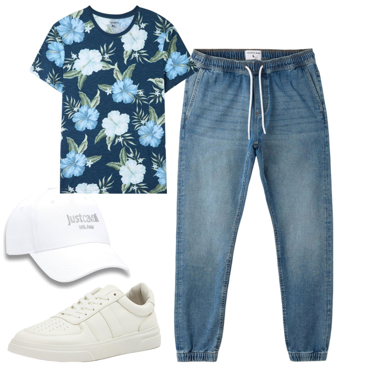 Outfit uomo - Jeans jogger. Stile Casual per Tutti i giorni. Abbinamento con t-shirt, jeans, sneakers, cappelli con visiera.