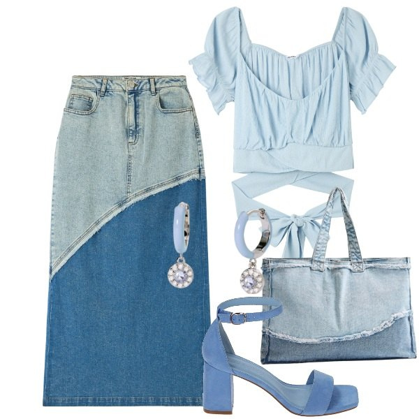 Outfit donna - Maxi gonna denim mix. Stile Boho per Tutti i giorni. Abbinamento con gonne lunghe, bluse, shopping bag, orecchini, sandali col tacco.