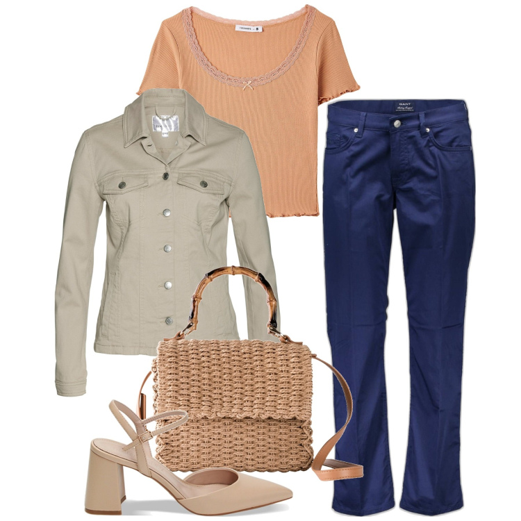 Outfit donna - Tshirt romantica. Stile Casual chic per Tutti i giorni. Abbinamento con blazer, borse a mano, t-shirt, décolleté, pantaloni.