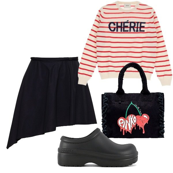 Outfit donna - Con gli zoccoli in città. Stile Trendy per Tutti i giorni. Abbinamento con pullovers, zoccoli, minigonne, shopping bag.