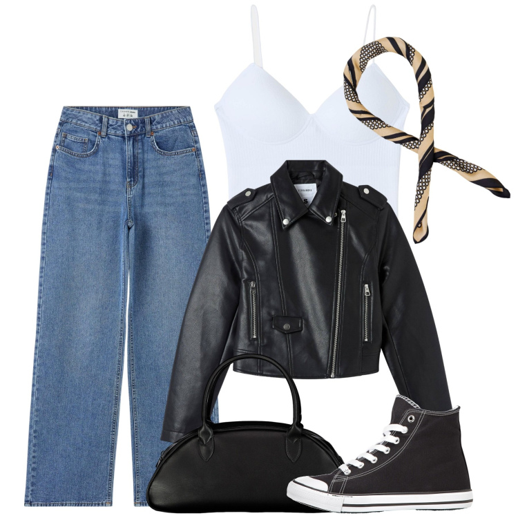 Outfit donna - Poche parole. Stile Urban per Tutti i giorni. Abbinamento con sneakers alte, jeans, top, giacche, foulard, borse a spalla.