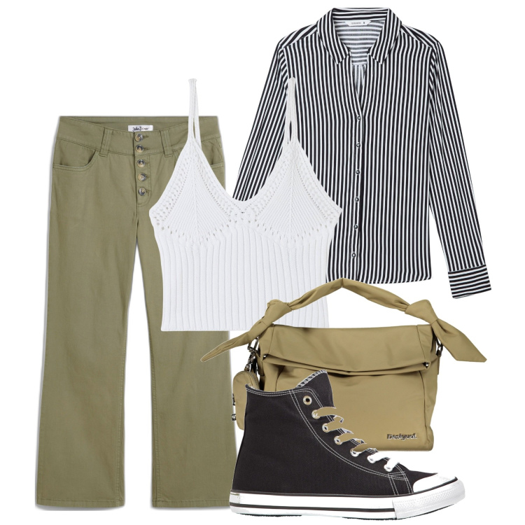 Outfit donna - Righini. Stile Basic per Tutti i giorni. Abbinamento con sneakers alte, jeans dritti, camicie, top, borse a spalla.
