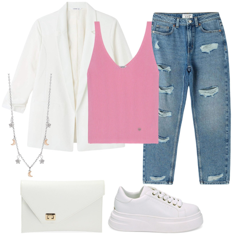 Outfit donna - Pastello girly. Stile Urban per Tutti i giorni. Abbinamento con jeans mom, blazer, collane, top, sneakers, pochette.