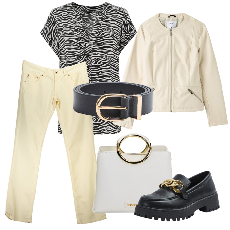 Outfit donna - Tocco chic. Stile Casual chic per Tutti i giorni. Abbinamento con bluse, blazer, mocassini, cinture, borse a mano, pantaloni.