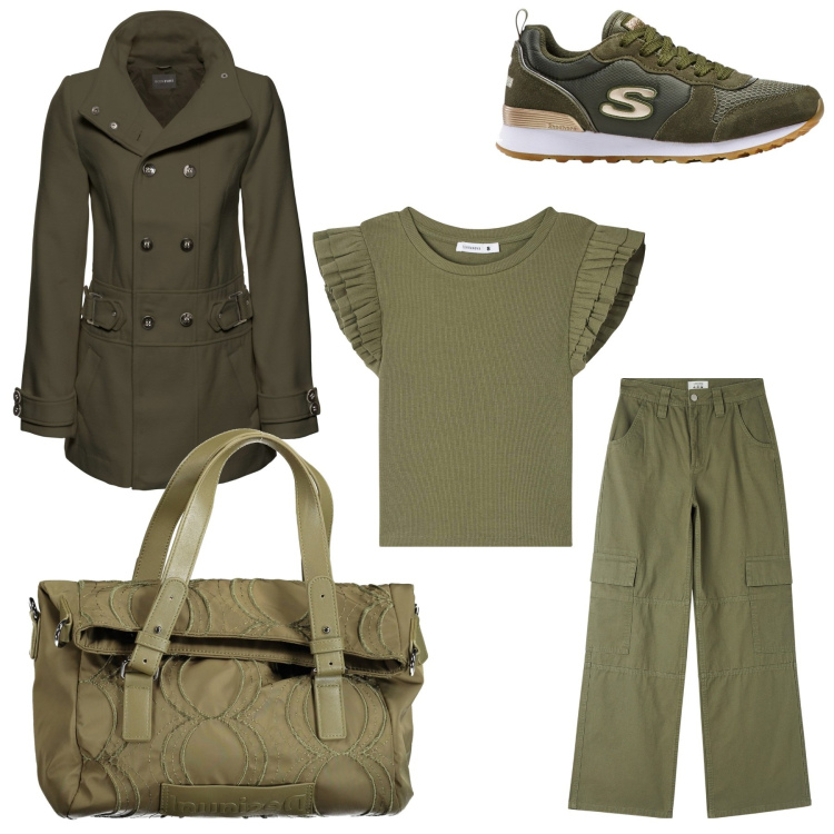 Outfit donna - Verde militare. Stile Military per Tutti i giorni. Abbinamento con cappotti, sneakers, t-shirt, pantaloni cargo, borse a spalla.