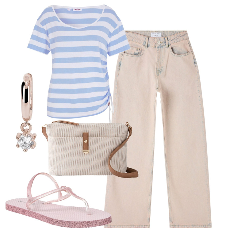 Outfit donna - City. Stile Casual per Tutti i giorni. Abbinamento con maglieria, borse a tracolla, sandali, jeans, orecchini.