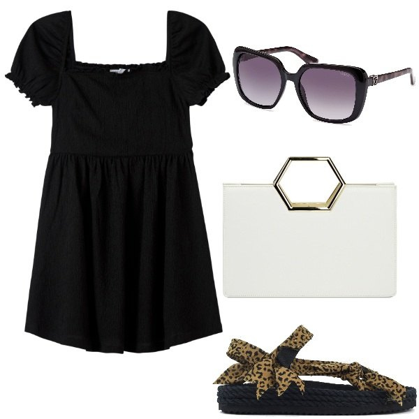 Outfit donna - Città d\'arte. Stile Trendy per Tutti i giorni. Abbinamento con vestiti corti, borse a mano, sandali, occhiali da sole.