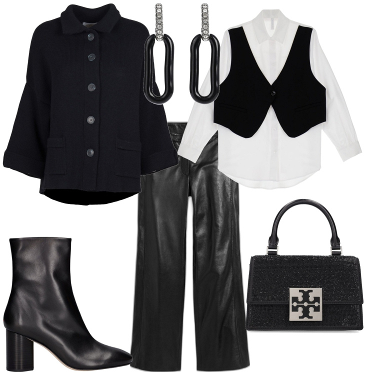 Outfit donna - Serata evento. Stile Basic per Serata fuori. Abbinamento con pantaloni, camicie, stivaletti, blazer, orecchini, borse a mano.