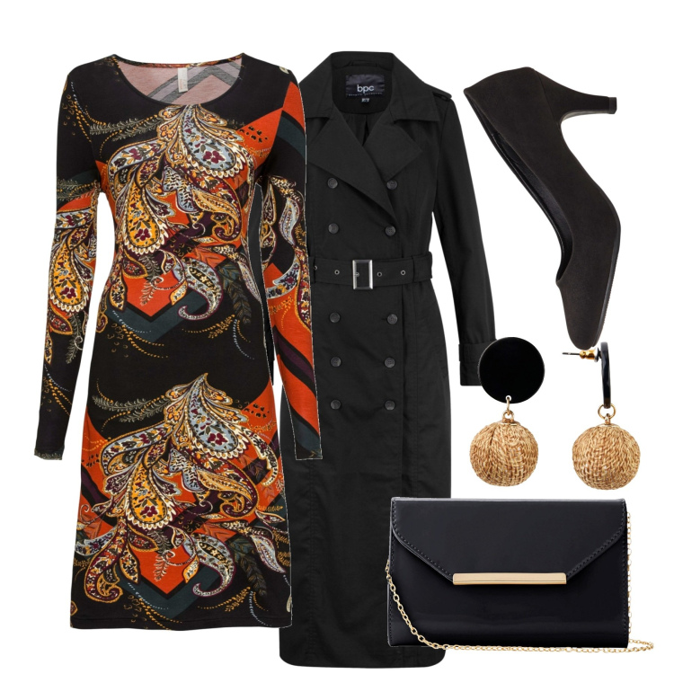 Outfit donna - Cerimonia fiorita. Stile Chic per Cerimonia. Abbinamento con orecchini, décolleté, vestiti, trench, pochette.