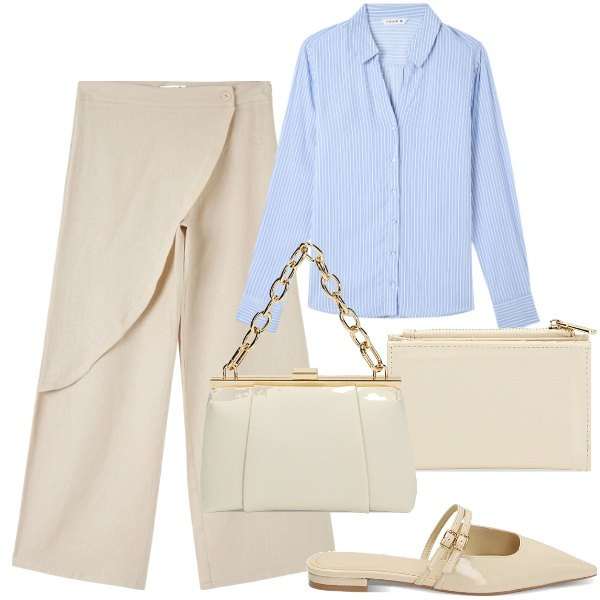 Outfit donna - Molto chic. Stile Chic per Ufficio. Abbinamento con camicie, pantaloni, sabot, borse a spalla, portafogli.