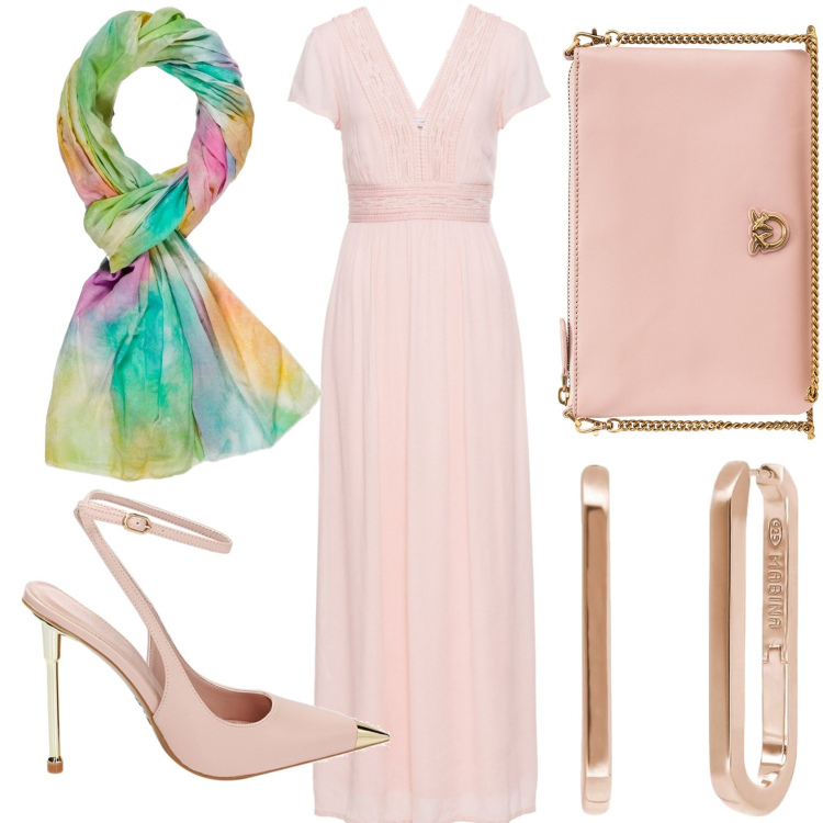 Outfit donna - Cerimonia in rosa. Stile Romantica per Cerimonia. Abbinamento con vestiti lunghi, orecchini, borse a tracolla, décolleté, sciarpe.
