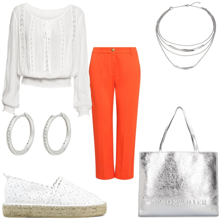 Outfit donna - La giornata della libertà. Stile Casual chic per Tutti i giorni. Abbinamento con bluse, orecchini, collane, espadrillas, shopping bag, pantaloni.