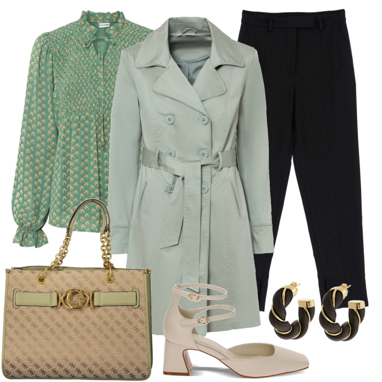 Outfit donna - Trench verde chiaro. Stile Chic per Serata fuori. Abbinamento con trench, bluse, orecchini, pantaloni, décolleté, borse a spalla.