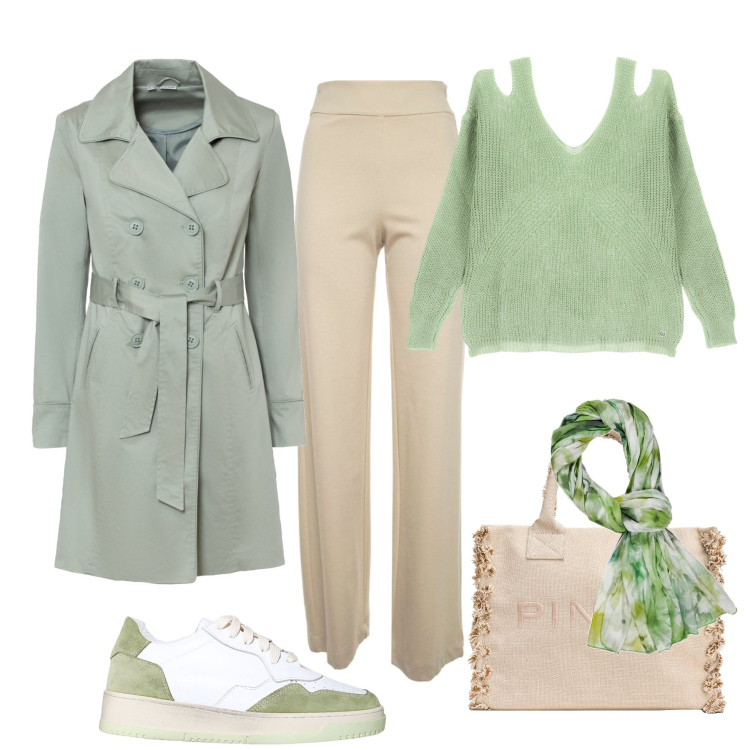 Outfit donna - Verde pastello e crema. Stile Trendy per Tutti i giorni. Abbinamento con trench, shopping bag, pullovers, sneakers, pantaloni, sciarpe.