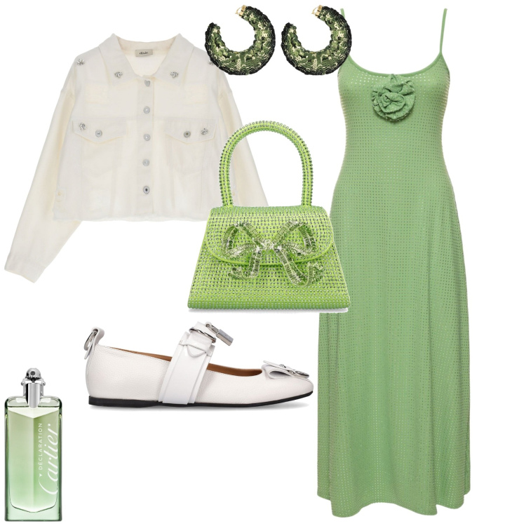 Outfit donna - Evento glamour in verde. Stile Glamour per Cerimonia. Abbinamento con profumi, blazer, vestiti midi/longuette, borse a mano, ballerine, orecchini.