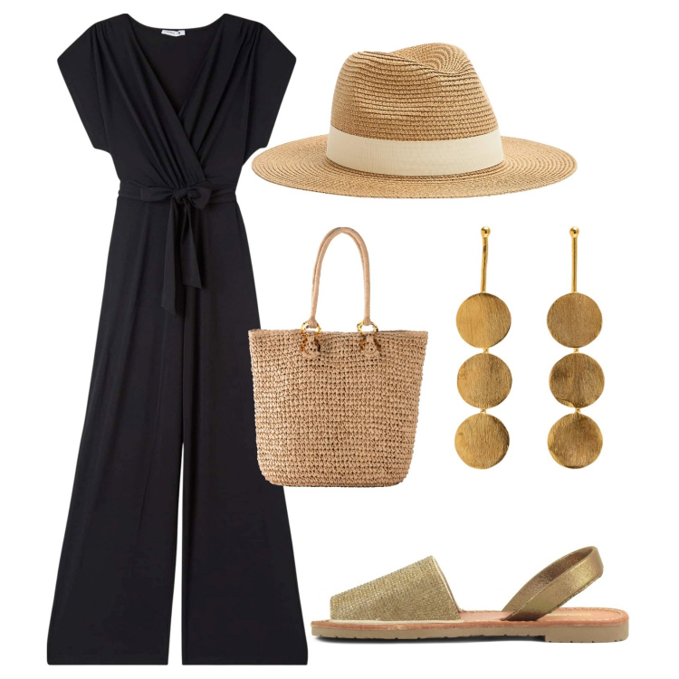 Outfit donna - Domenica al mare. Stile Casual per Tutti i giorni. Abbinamento con shopping bag, tute, cappelli, sandali in pelle, orecchini.