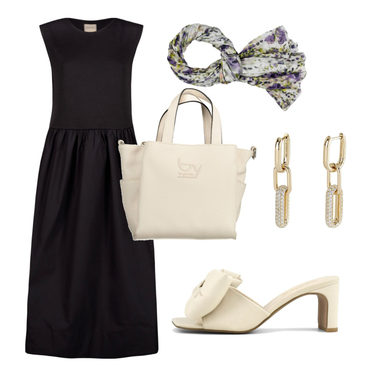 Outfit donna - Sunday lunch. Stile Casual chic per Tutti i giorni. Abbinamento con orecchini, sandali col tacco, borse a spalla, sciarpe, vestiti midi/longuette.