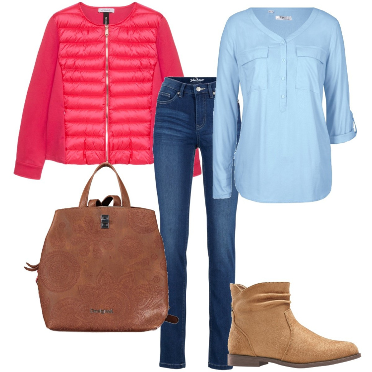 Outfit donna - Il piumino corallo. Stile Casual chic per Tutti i giorni. Abbinamento con jeans slim fit, bluse, stivaletti, piumini, zaini.