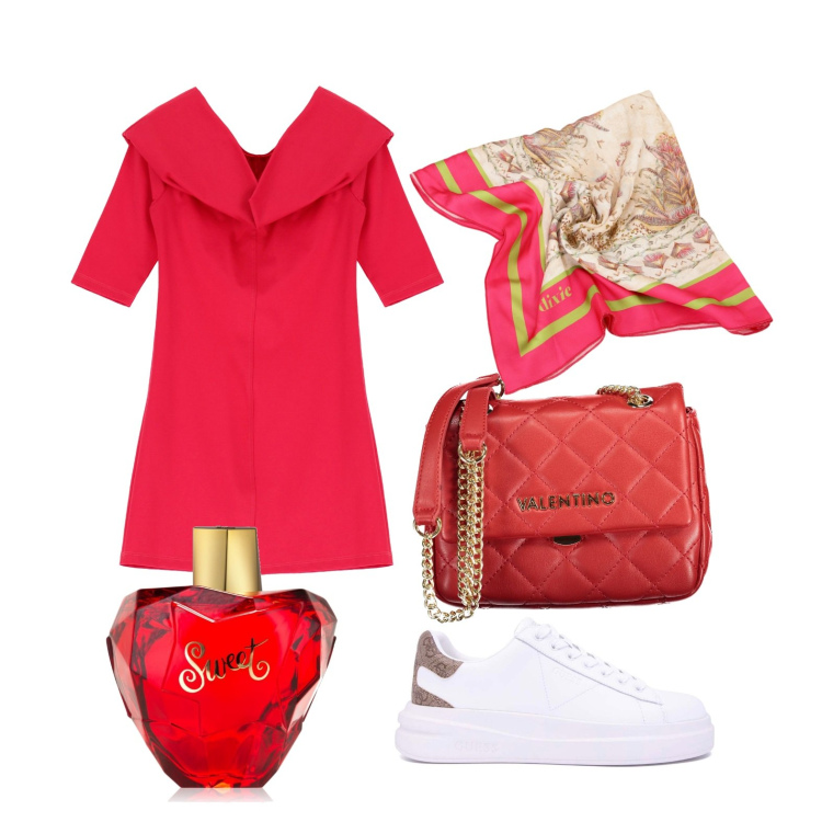 Outfit donna - Bon ton in rosso. Stile Bon Ton per Tutti i giorni. Abbinamento con profumi, foulard, vestiti corti, borse a spalla, sneakers.
