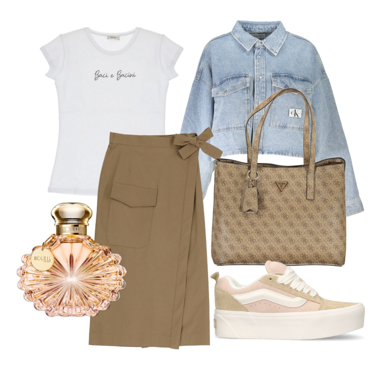 Outfit donna - Affettuosa me!. Stile Casual chic per Tutti i giorni. Abbinamento con profumi, t-shirt, gonne longuette, giacche sportive, sneakers, borse a spalla.